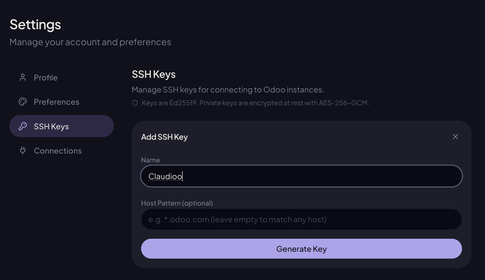 Claudioo Settings — Add SSH Key form