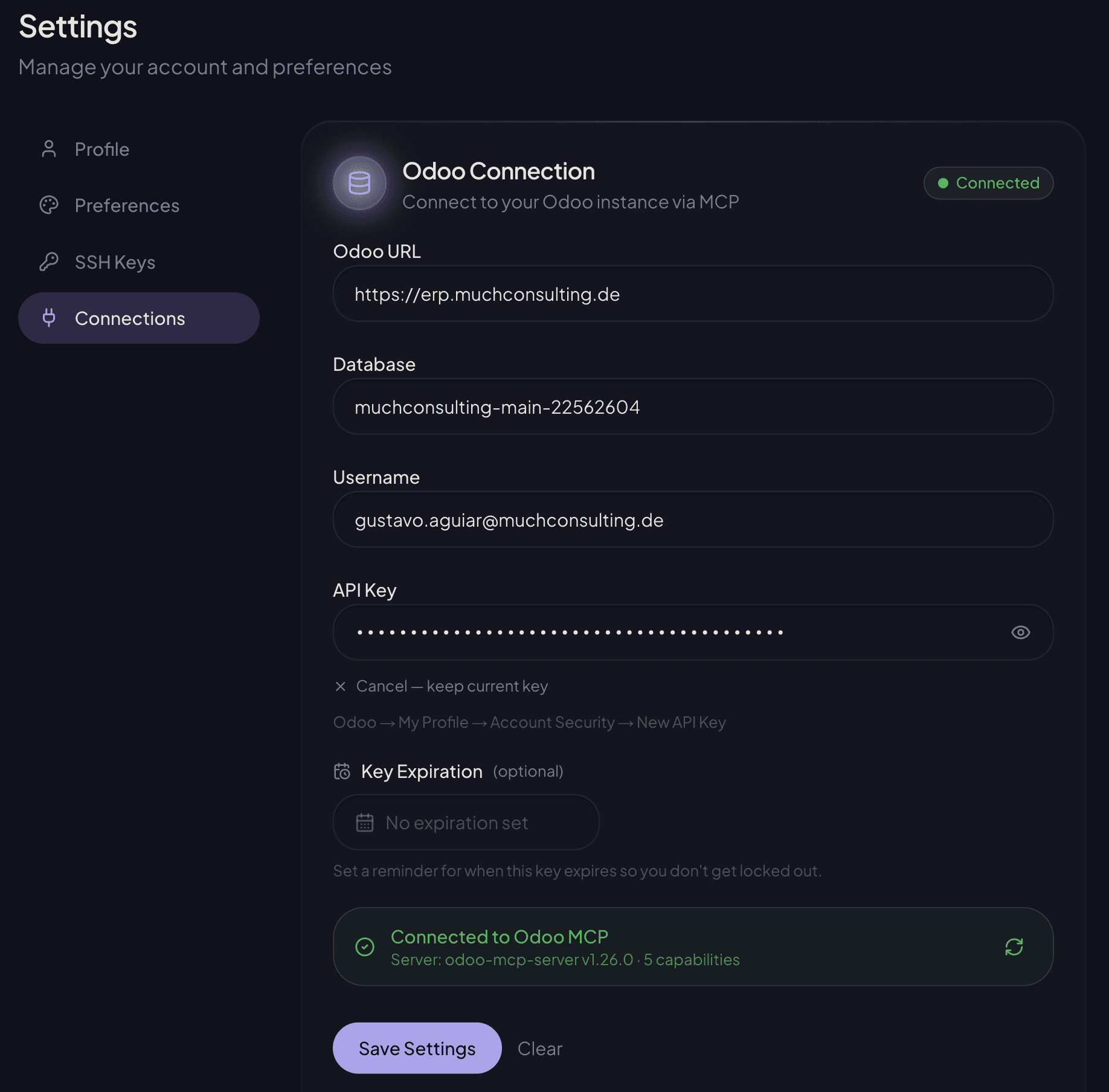 Claudioo Settings — Connections page