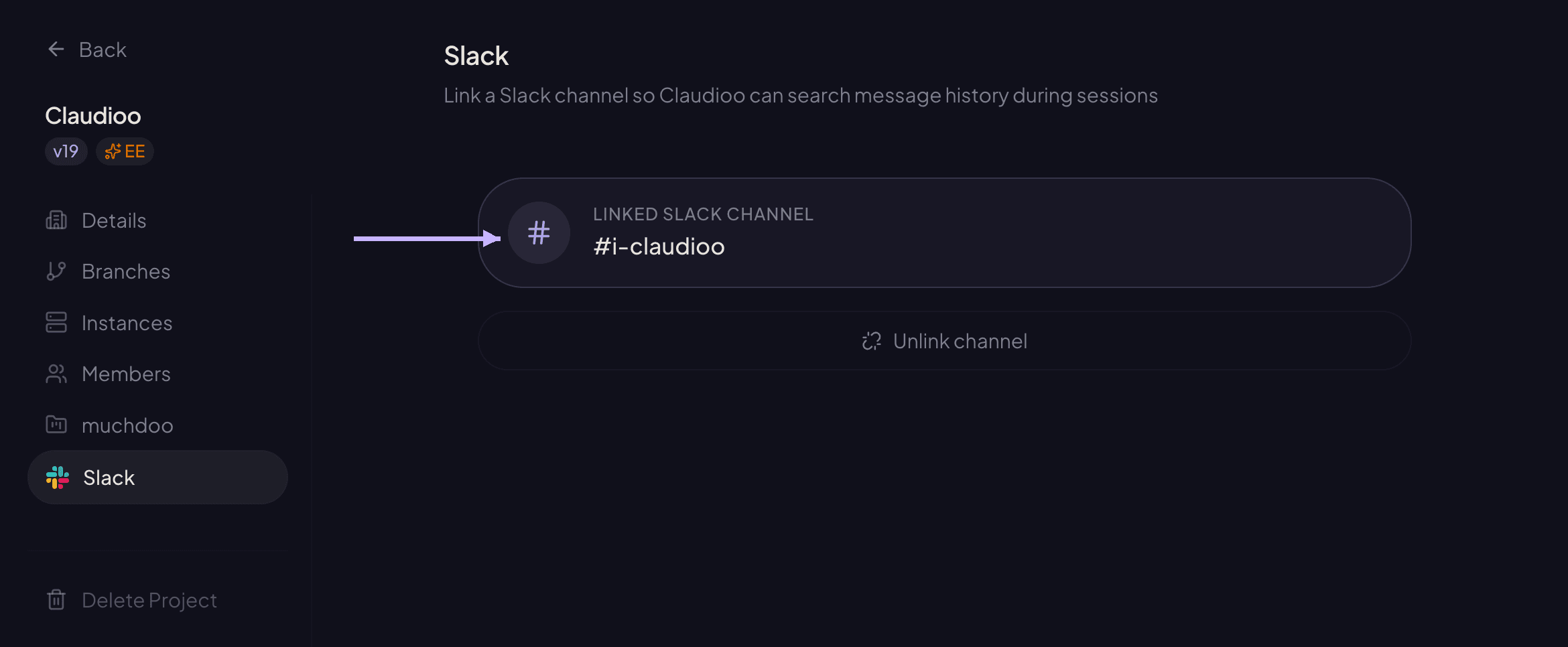 Project Settings — Slack channel linked