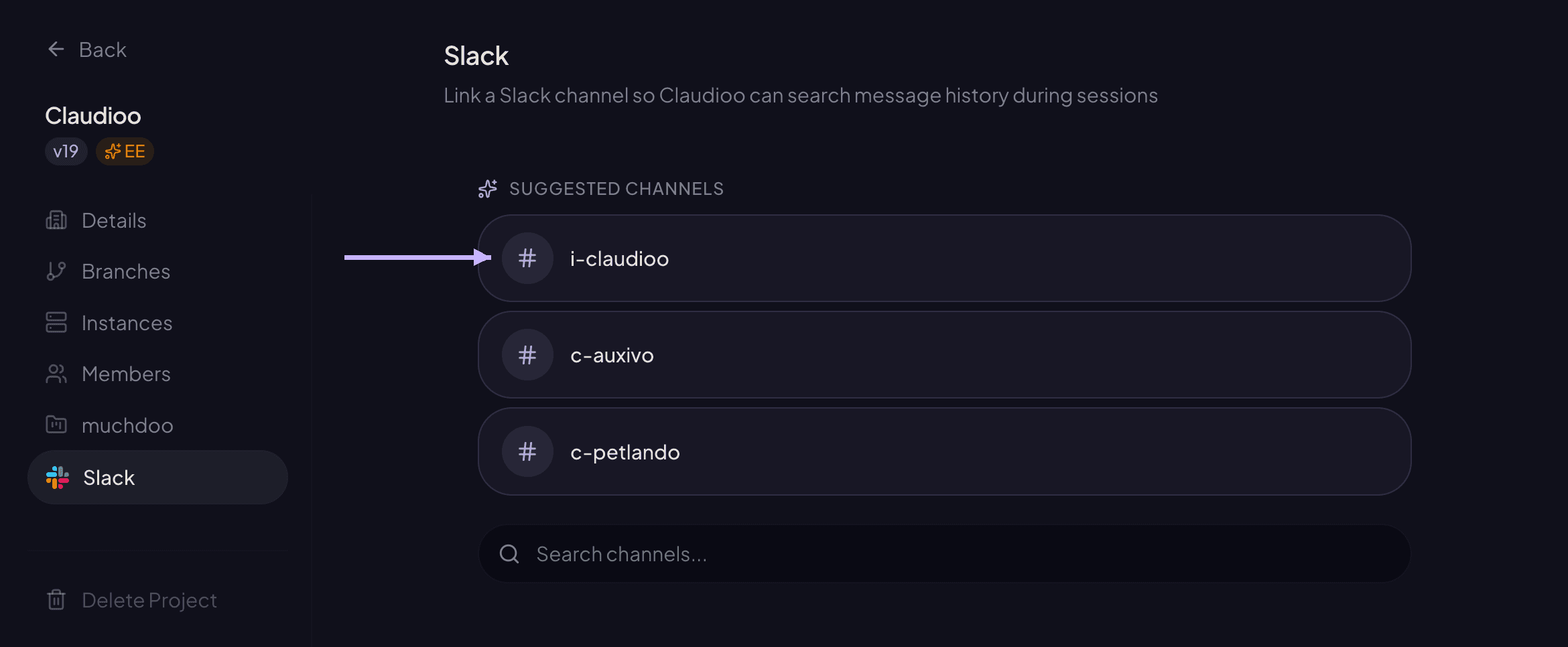 Project Settings — Slack channel picker