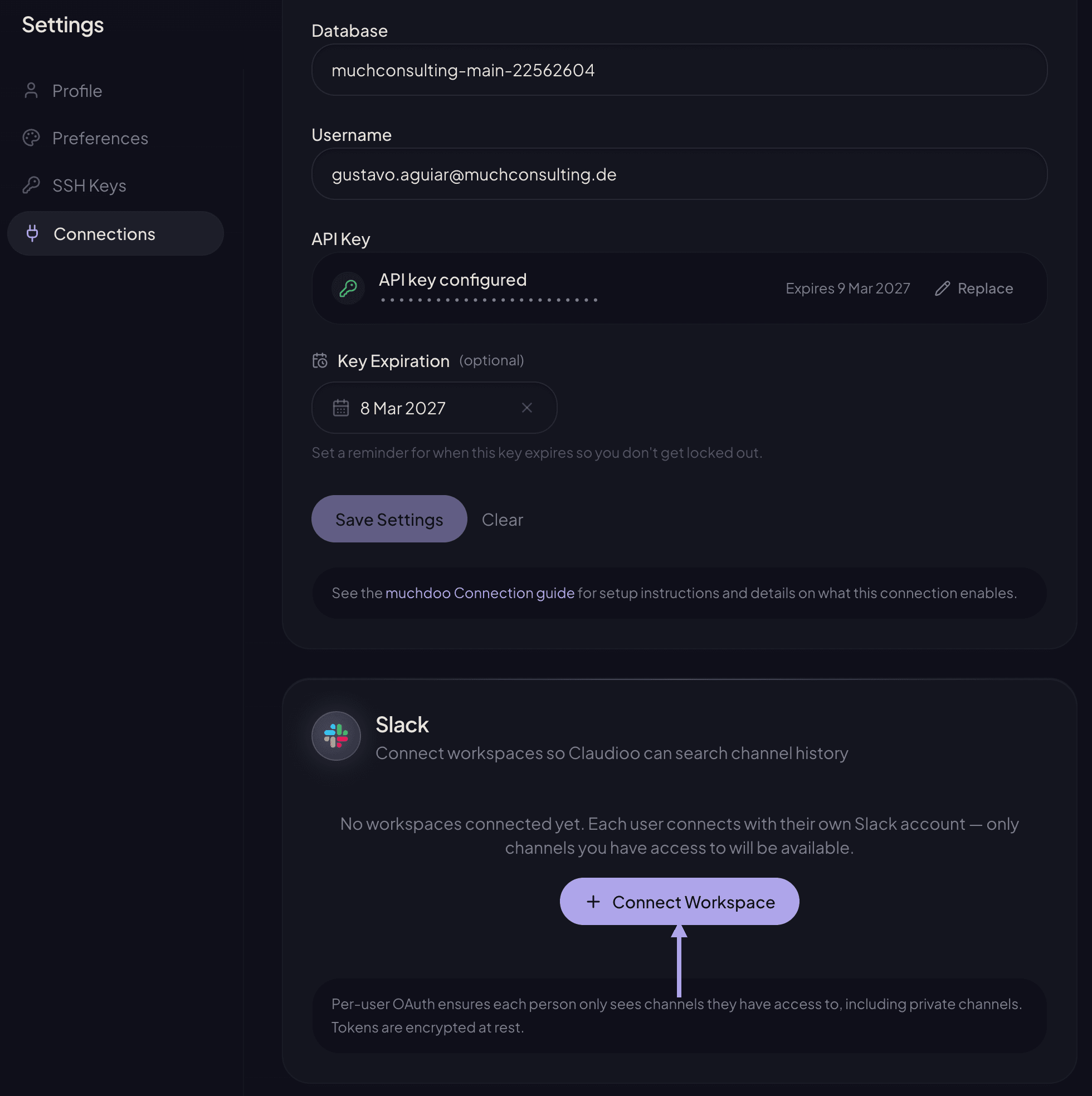 Claudioo Settings — Slack card, empty state