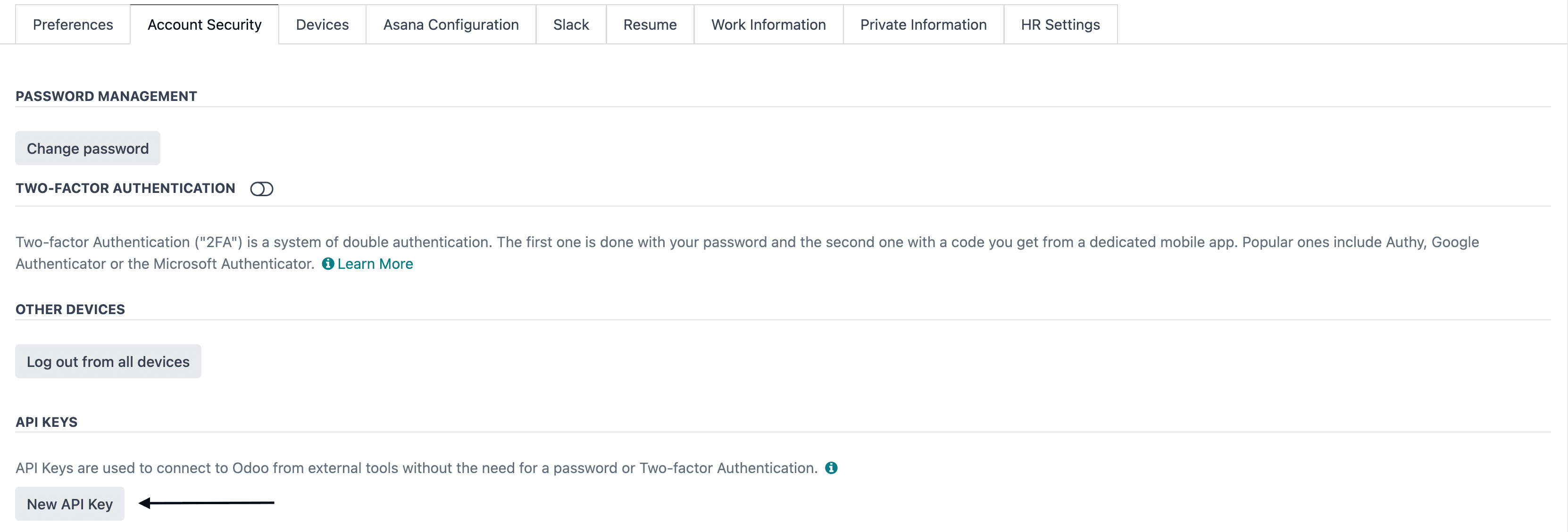 muchdoo — Account Security with API Keys section