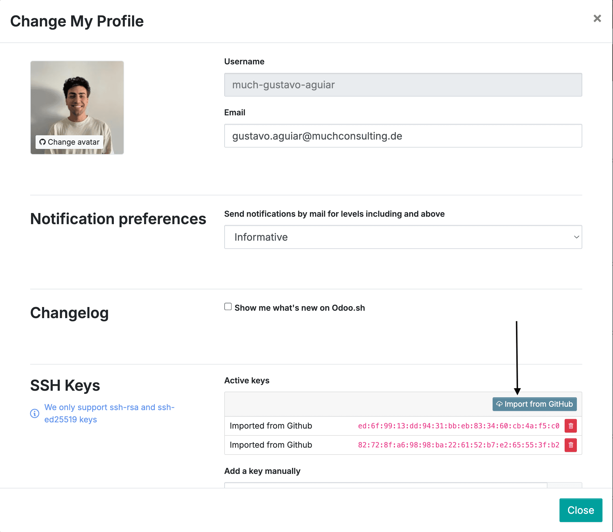 Odoo.sh profile — Import from GitHub button in SSH Keys section