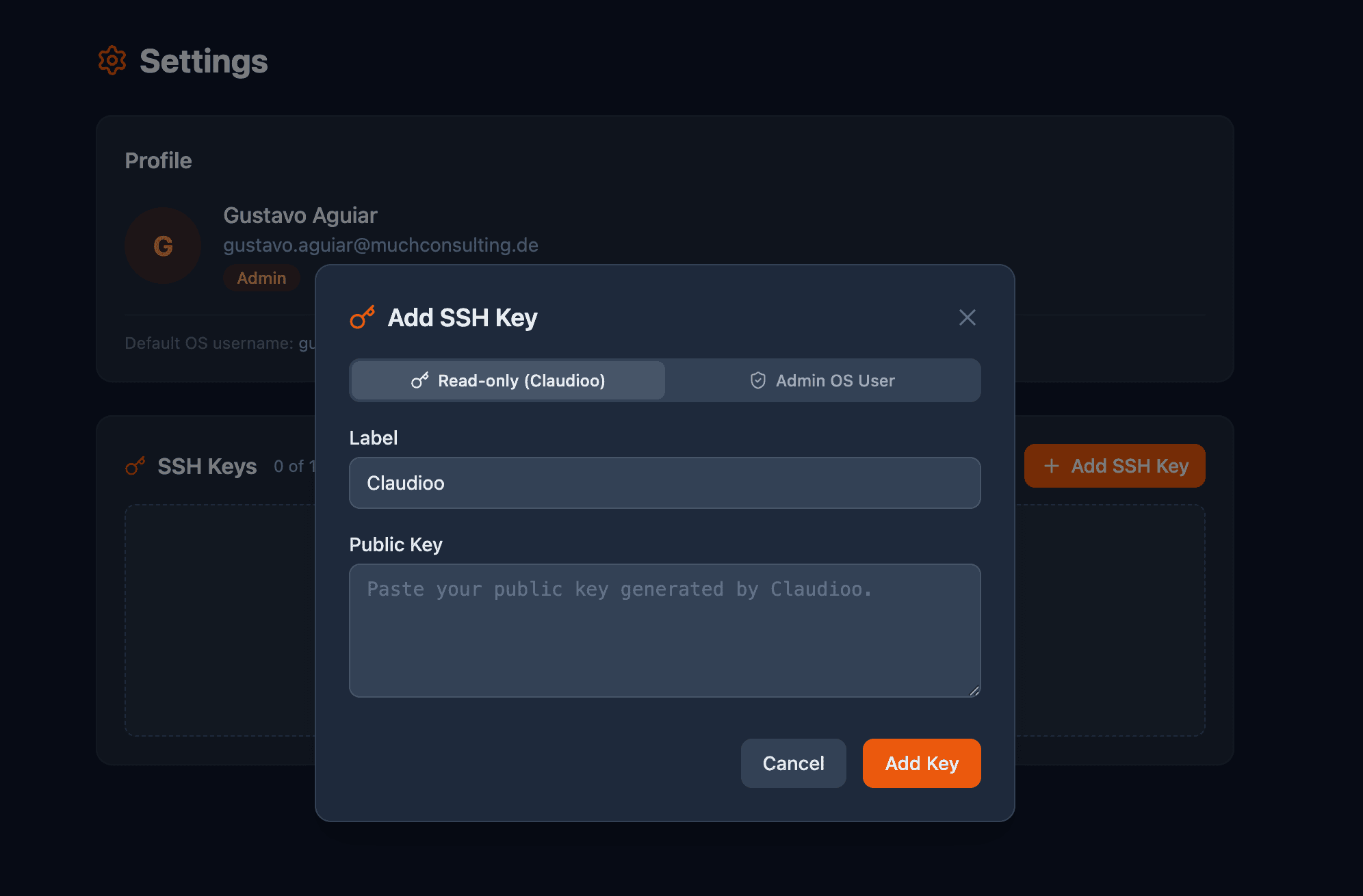Shoovels Settings — Add SSH Key dialog