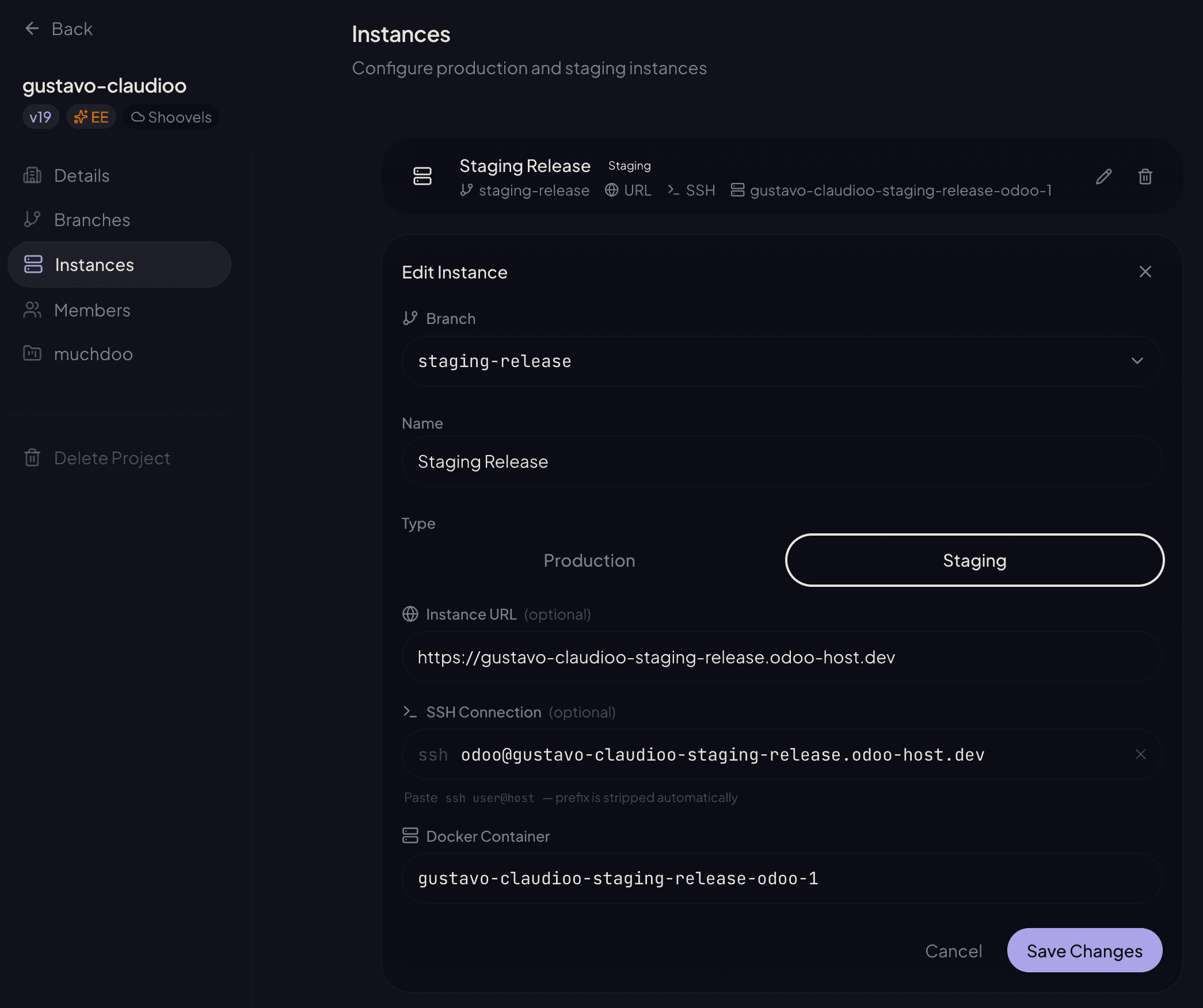 Claudioo Edit Instance form with SSH Connection filled in