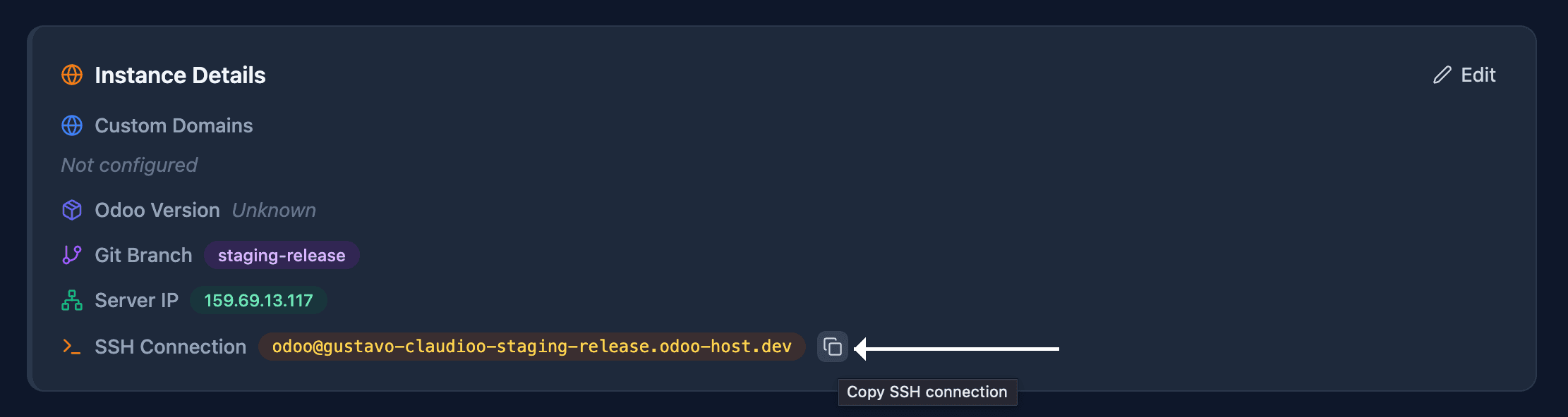 SSH Connection highlighted in Instance Details